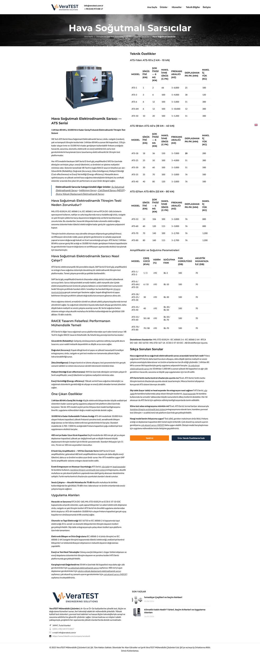 The full VeraTEST air-cooled electro-dynamic shaker (ATS Series) product page, top to bottom: a two-column layout with the reasoning narrative on the left and specification tables, amplifier and cooling parameters, supported standards and an FAQ on the right, closing with quote and spec-sheet actions.